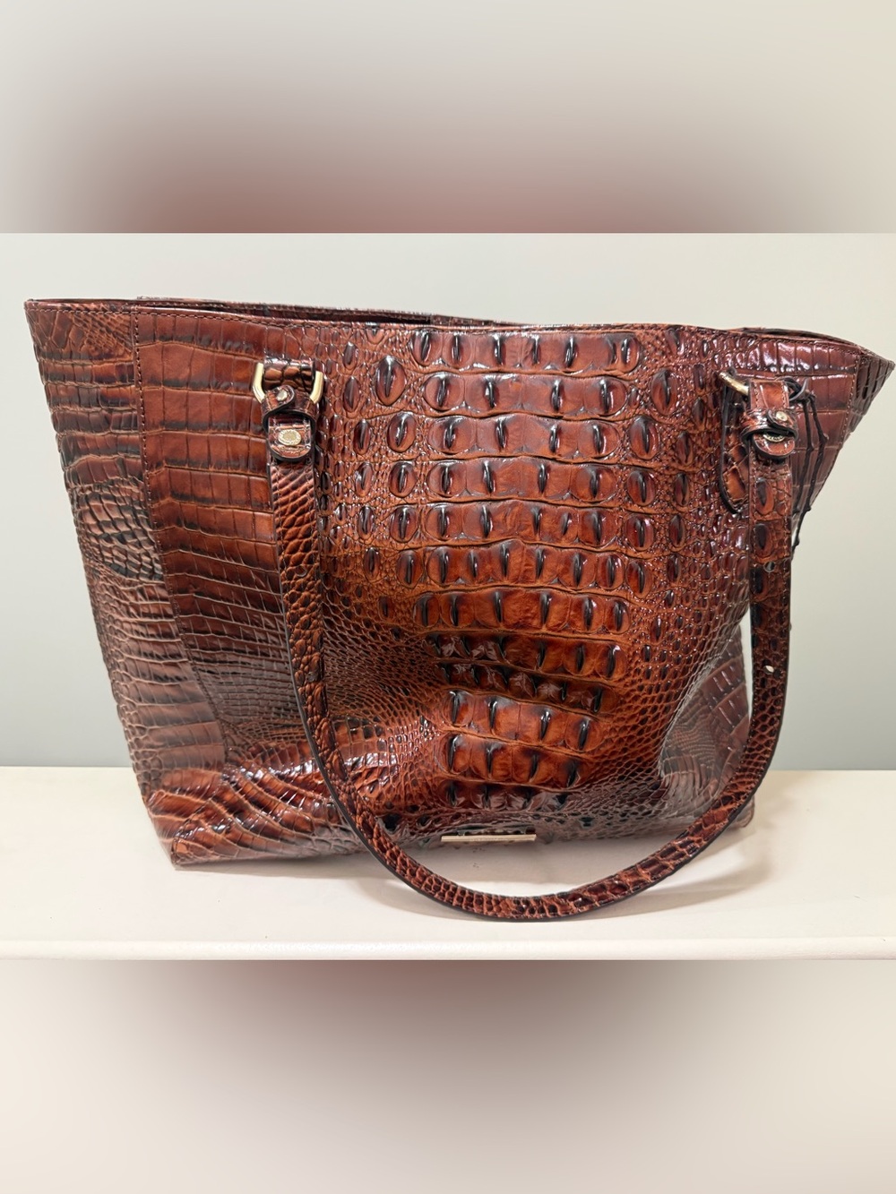 Brahmin April Croc-Embossed Tote Bag in rich Cognac color